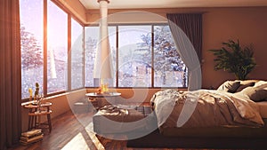 A hotel room with a bed and a large window with winter background 3d illustration