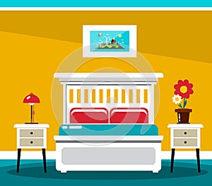 Hotel Room Bed. Vector Flat Design Interior