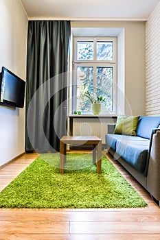 Hotel room with green rug