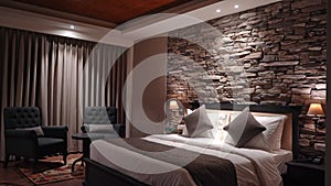 Hotel Room Interior - Luxurious Hotel Suite With Comfortable Bed Against Stone Accent Wall And Two Tufted Chairs On The