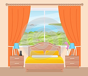 Hotel room interior with ocean landscape window. Vector Illustration. Flat bedroom.