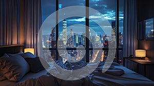 hotel room overlooking the city at night