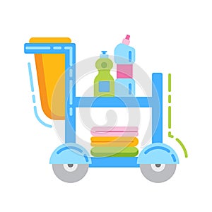 Hotel room service with cleaning trolley flat color icon. Sign for web page, mobile app, banner