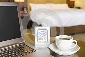 Hotel room with wifi access sign