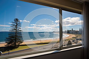 hotel room window displaying a seaside panorama