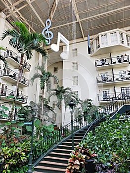 The hotel rooms and beautiful tropical landscape inside of Gaylord Opryland Resort and