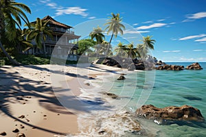 Hotel by the sea or ocean on a sandy beach with palm trees. Tourism and summer vacation concept