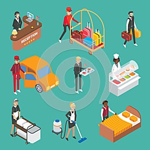 Hotel service workers vector flat isometric icon set