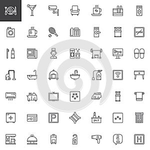 Hotel services and facilities line icons set