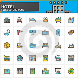 Hotel services and facilities line icons set, filled outline vector symbol collection, linear colorful pictogram pack. Signs, log