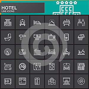 Hotel services and facilities line icons set, outline vector symbol collection, linear white pictogram pack.