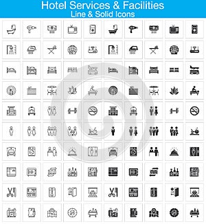 Hotel services and facilities line and solid icons set, outline