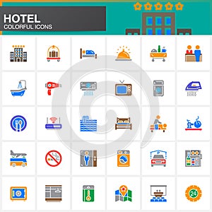Hotel services and facilities vector icons set, modern solid symbol collection