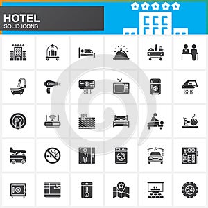 Hotel services and facilities vector icons set, modern solid symbol collection, filled style pictogram pack. Signs, logo illustrat