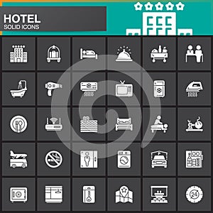 Hotel services and facilities vector icons set, modern solid symbol collection, filled white pictogram pack. Signs, logo illustrat