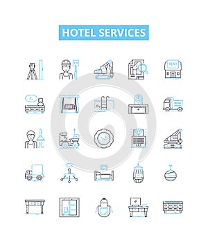 Hotel services vector line icons set. Accommodation, Amenities, Restaurants, Catering, Spa, Pool, Swimming illustration