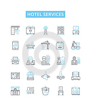 Hotel services vector line icons set. Accommodation, Amenities, Restaurants, Catering, Spa, Pool, Swimming illustration