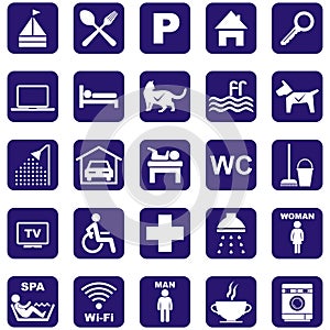 Hotel, set of icons, vector, white silhouette on blue background