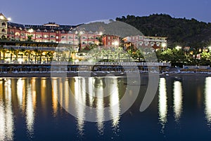 Hotel on shoreline at night