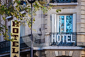 Hotel sign on building