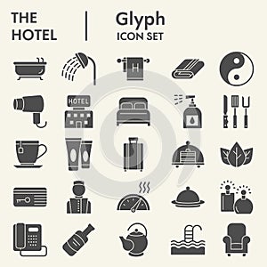 Hotel solid icon set, travel symbols set collection or vector sketches. Hotels services signs set for computer web, the