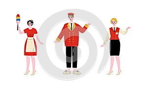 Hotel Staff Character in Uniform with Chambermaid and Concierge Vector Set