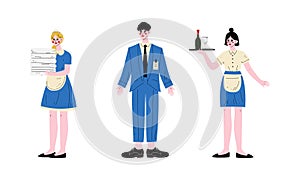 Hotel Staff Character in Uniform with Waitress and Chambermaid Vector Set