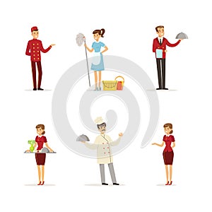 Hotel Staff with Hostess, Maid and Porter Vector Set