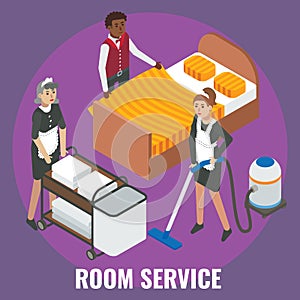 Hotel staff maid, cleaner characters making bed, cleaning room, flat vector isometric illustration. Hotel room services