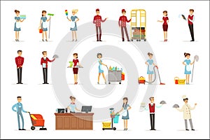 Hotel staff set for label design. Colorful cartoon detailed Illustrations