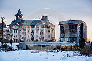 Hotel in Strbske pleso, High Tatras, Slovak republic, sunset scene