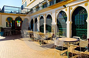 Hotel Tanger Medina, Morocco, Exterior Courtyard Tables, Arabic Architecture