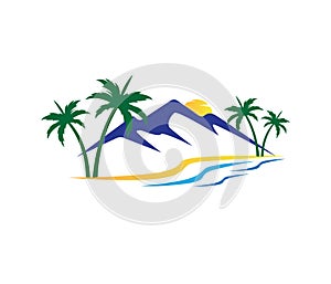 Hotel tourism holiday summer beach coconut palm tree vector logo design