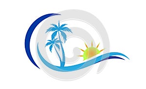 Hotel tourism holiday summer beach coconut palm tree vector logo design