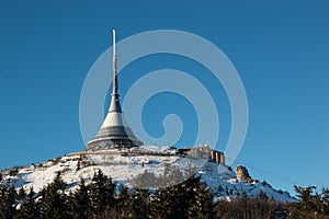 Hotel and transmitter Jested in winter time, Liberec