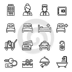 Hotel and travel icons set. Thin line style stock.