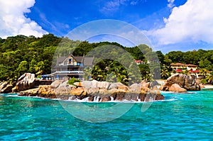 Hotel at tropical beach, La Digue, Seychelles