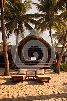 Hotel with a tropical feel. Sun loungers placed in a patio, near beach