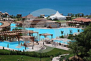 Hotel view with pool