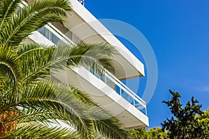 Hotel white front facade buildings and palm on south Mediterranean district