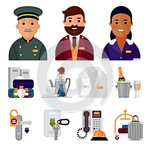Hotel workers personal professional service man and woman job uniform objects hostel manager vector illustration.