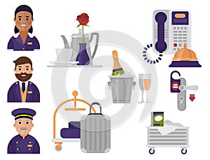Hotel workers personal professional service man and woman job uniform objects hostel manager vector illustration.