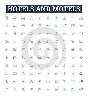 hotels and motels vector line icons set. Lodgings, Accommodations, Inns, Resorts, Suites, Motels, Hostels illustration photo