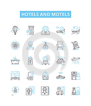 hotels and motels vector line icons set. Lodgings, Accommodations, Inns, Resorts, Suites, Motels, Hostels illustration photo