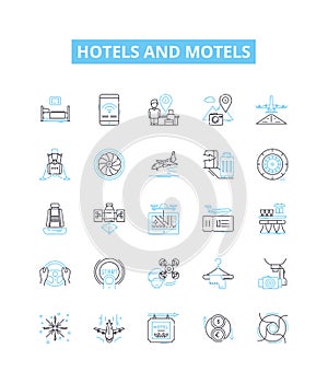 hotels and motels vector line icons set. Lodgings, Accommodations, Inns, Resorts, Suites, Motels, Hostels illustration