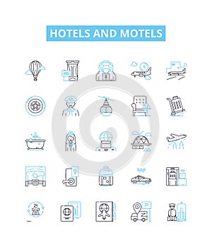 hotels and motels vector line icons set. Lodgings, Accommodations, Inns, Resorts, Suites, Motels, Hostels illustration