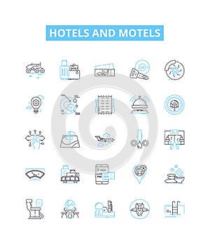 hotels and motels vector line icons set. Lodgings, Accommodations, Inns, Resorts, Suites, Motels, Hostels illustration