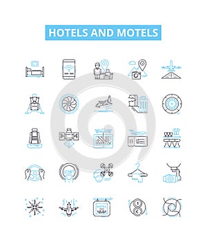 hotels and motels vector line icons set. Lodgings, Accommodations, Inns, Resorts, Suites, Motels, Hostels illustration photo