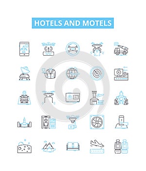 hotels and motels vector line icons set. Lodgings, Accommodations, Inns, Resorts, Suites, Motels, Hostels illustration photo