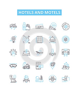 hotels and motels vector line icons set. Lodgings, Accommodations, Inns, Resorts, Suites, Motels, Hostels illustration photo